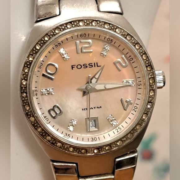 Vintage Y2K Fossil AM4175 Casual Mother Of Pearl & Silver Watch Jewelry w/ Bling main image 6